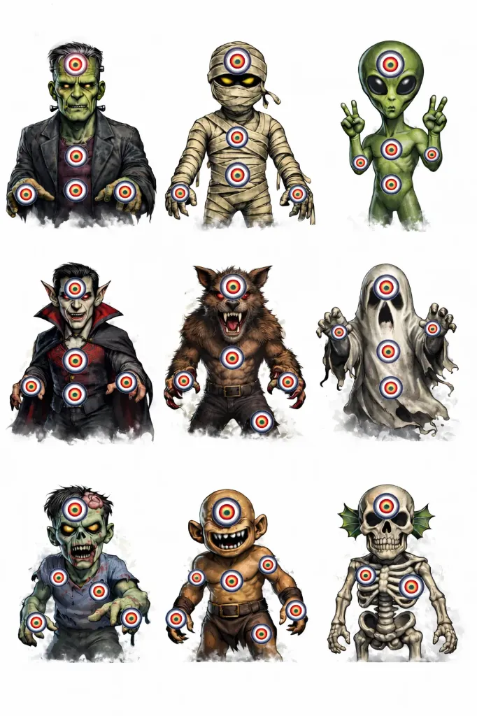 9 Monster Targets - Paper 14cm x 14cm Pack (1)